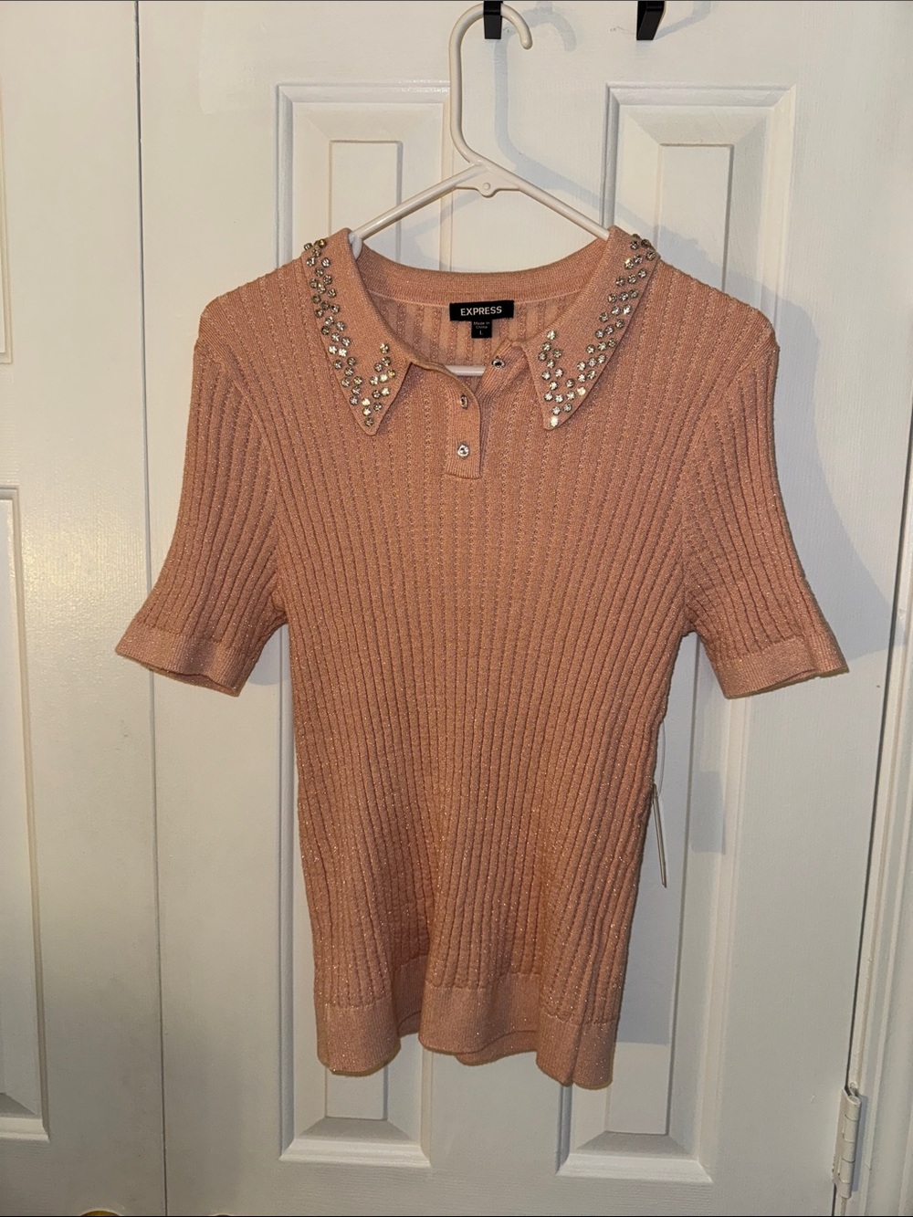 Express Pink Jeweled Collar Ribbed Knit Polo